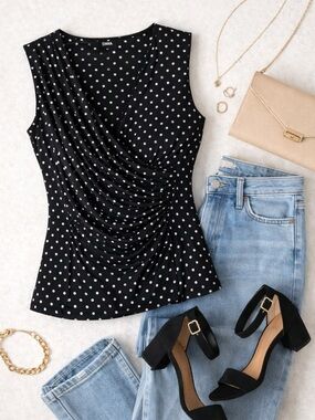 DKNY | Black White Polka Dot Sleeveless Ruched Blouse | Draped V-Neck | Size M
